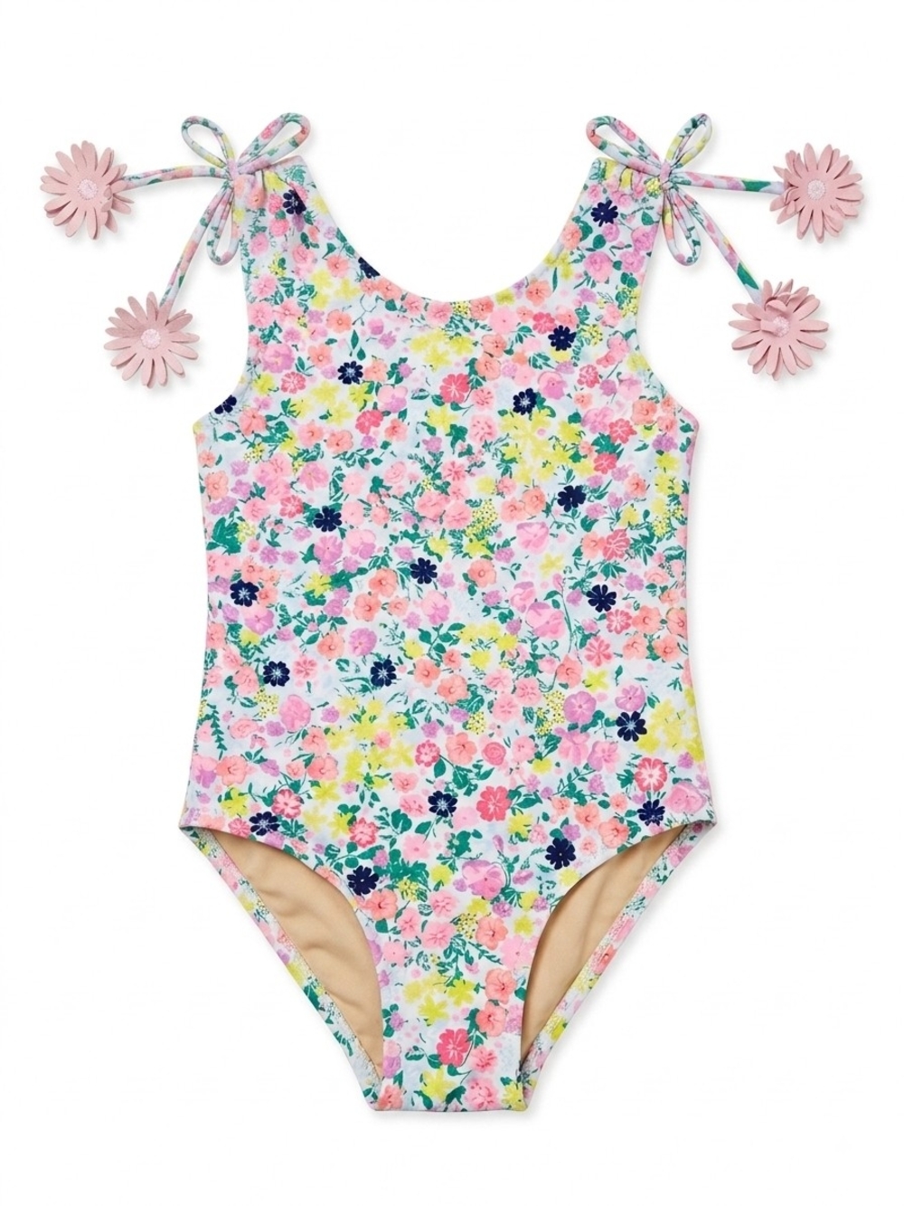 Floral Print Girls' One-Piece Swimsuit with Pink Tie Flowers